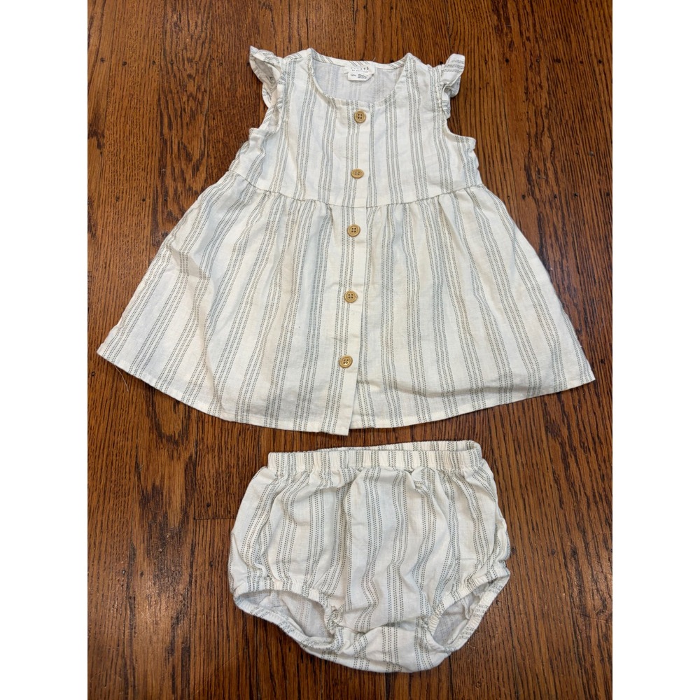Firsts by Petit Lem Baby Girls Organic Linen Cotton Stripe Dress Bloomer Set 12M